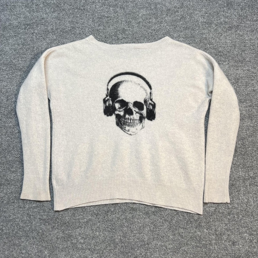 Skull Cashmere Sweater Womens Small White 100% Cashmere Back Skull Graphic